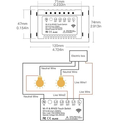MOES 2.4GHz WiFi Wall Touch Smart Switch Neutral Wire Required, 3 Way Multi-Control, Glass Panel Light Switch Work with Smart Life/Tuya App, RF433 Remote Control, Alexa and Google Home Black 4 Gang