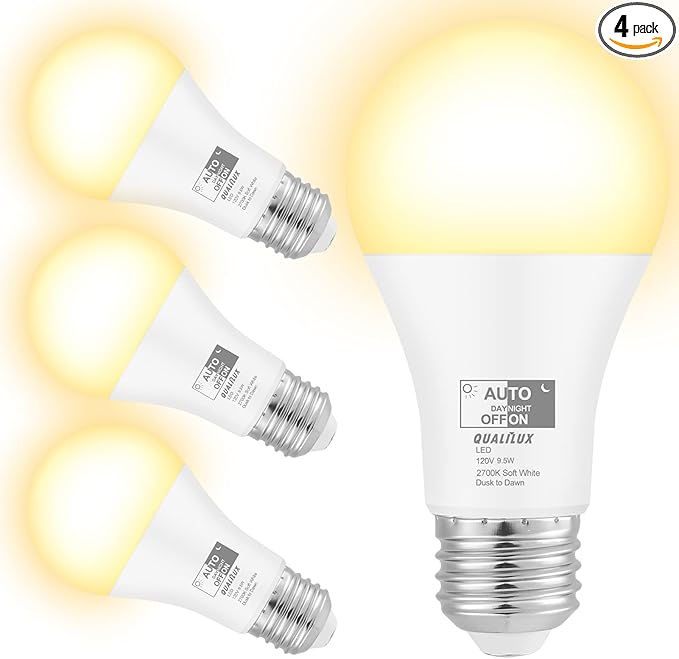 Qualilux Dusk to Dawn Light Bulbs 850LM, 60W Equivalent, Soft White, LED 9.5W, A19, E26 Base, 4-Pack, HQ-H016
