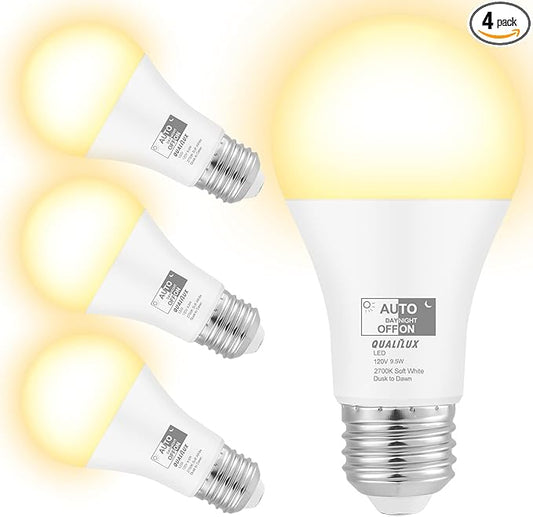 Qualilux Dusk to Dawn Light Bulbs 850LM, 60W Equivalent, Soft White, LED 9.5W, A19, E26 Base, 4-Pack, HQ-H016
