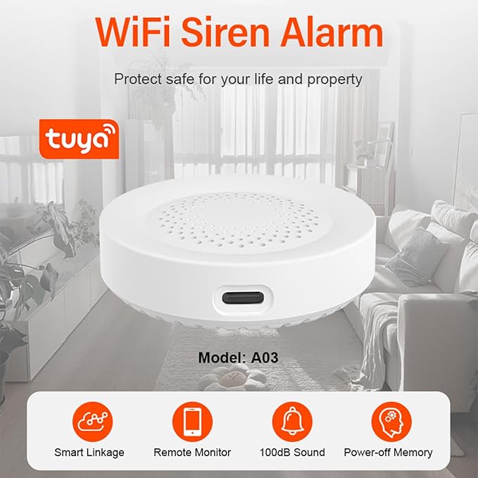 WiFi Smart Siren Alarm: 100db Sounder, App Control, Wireless Burglar Alarm, Compatible with Alexa