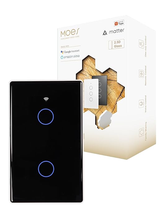 MOES Matter Smart Light Switch, 2.5D Glass Touch Wall Switch, Single Pole, Neutral Wire Required,2.4GHz Wi-Fi, Timer & Schedule, Remote & Voice Control with Alexa & Google Home, Black 2 Gang