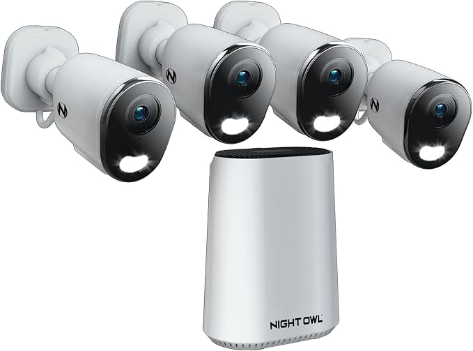 Night Owl 4K Wi-Fi Security Hub System with 4X 2K AC Powered Indoor/Outdoor Wi-Fi Cameras, 64GB MicroSD, Motion Alerts, Remote Viewing, No Monthly Fees