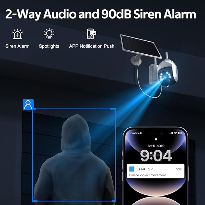 Solar Security Cameras Wireless Outdoor, 2K Pan-Tilt 360° View, Dual-Band WiFi (5G & 2.4GHz), Battery/Solar Powered with Spotlight, Color Night Vision, Human Detection, Siren Alarm
