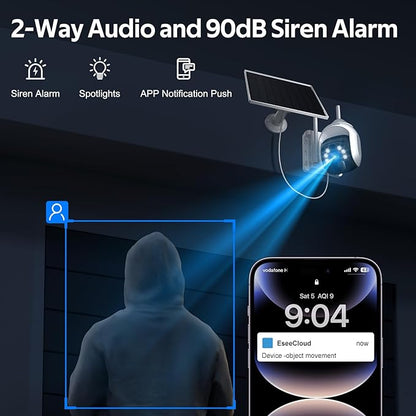 Solar Security Cameras Wireless Outdoor, 2K Pan-Tilt 360° View, Dual-Band WiFi (5G & 2.4GHz), Battery/Solar Powered with Spotlight, Color Night Vision, Human Detection, Siren Alarm