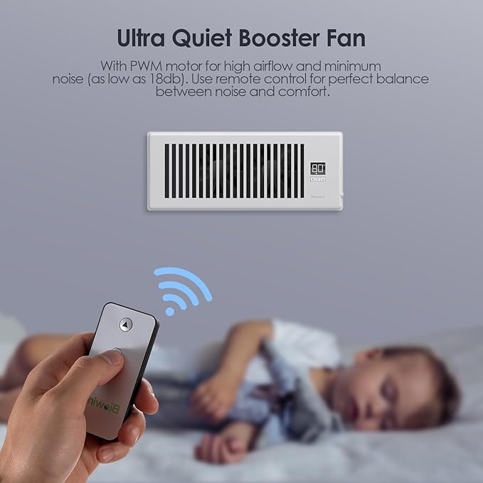BIOWIND Quiet Register Booster Fan Fits 4" x 12" Register Holes, 10-Speed Smart Heating Cooling AC Vent Fan with Remote Control and Thermostat Control - White