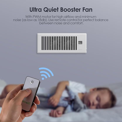 BIOWIND Quiet Register Booster Fan Fits 4" x 12" Register Holes, 10-Speed Smart Heating Cooling AC Vent Fan with Remote Control and Thermostat Control - White
