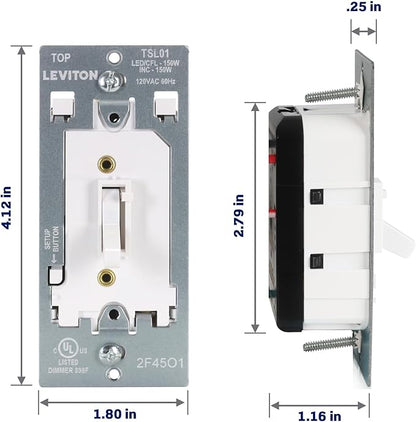 Leviton Toggle Slide LED Advanced Dimmer Switch for 150W Dimmable LED, Halogen and Incandescent Bulbs and Fixtures, TSL01-W, White