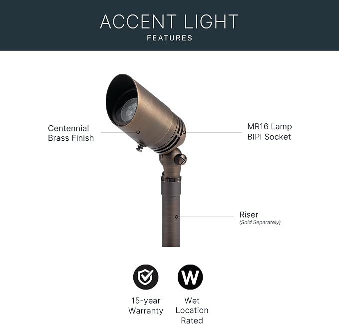 Kichler MR-16 Low Voltage Landscape Spotlight Light, Centennial Brass | Adjustable cowl directs precise uplighting for trees and architectural accents (2.5" x 6"), 15485CBR