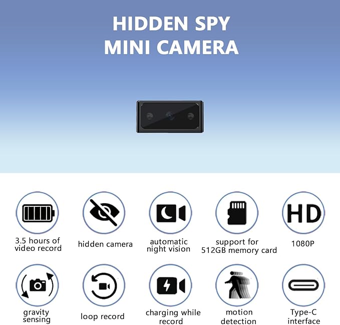 Hidden Camera Mini Spy Camera 1080P Small Security Camera, Tiny Portable Camera, Covert Nanny Cam, Indoor Home Office Security Cameras, Night Vision, Motion Detection, Gravity Sensor, Loop Record