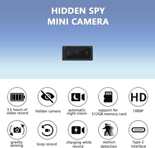 Hidden Camera Mini Spy Camera 1080P Small Security Camera, Tiny Portable Camera, Covert Nanny Cam, Indoor Home Office Security Cameras, Night Vision, Motion Detection, Gravity Sensor, Loop Record