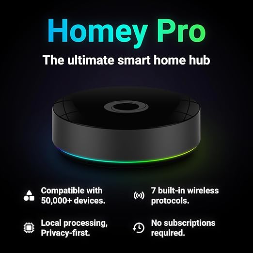 Homey Pro (2026) | Smart Hub for Home Automation – Features Z-Wave Plus, Zigbee, Wi-Fi, BLE, Infrared, Matter & Thread. Compatible with Siri, Alexa & Google Home.