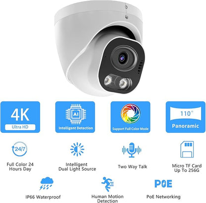 8MP 4K PoE IP Security Camera, H.265 Smart Dual Light Turret Dome Camera, Support Color Night Vision, Two Way Talk, SD Card Slot, 98ft Night Vision, 110°Wide Angle, Human/Vehicle Detection