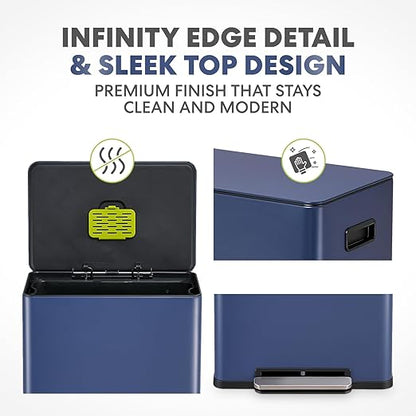 Simpli-Magic Infinity Edge 60 Liter / 16 Gallon Rectangular Hands-Free Extra Large Kitchen Step Trash Can, Soft-Close Single Lid Recycling Bin, Stainless Steel, Blue, 79683