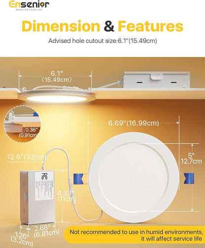 Ensenior 24 Pack 6 Inch LED Recessed Ceiling Light with Night Light, Dimmable, 2700K-5000K 5CCT, 1050LM 12W 120V, High Brightness Canless Wafer Downlight - ETL&FCC&IC