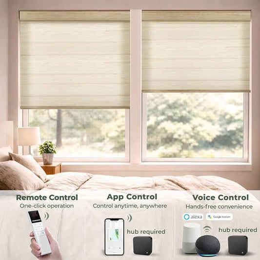 ZSHINE Motorized Linen-Look Roller Shades for Windows, Rechargeable Smart Light Filtering Blinds Compatible with Alexa (82191A)