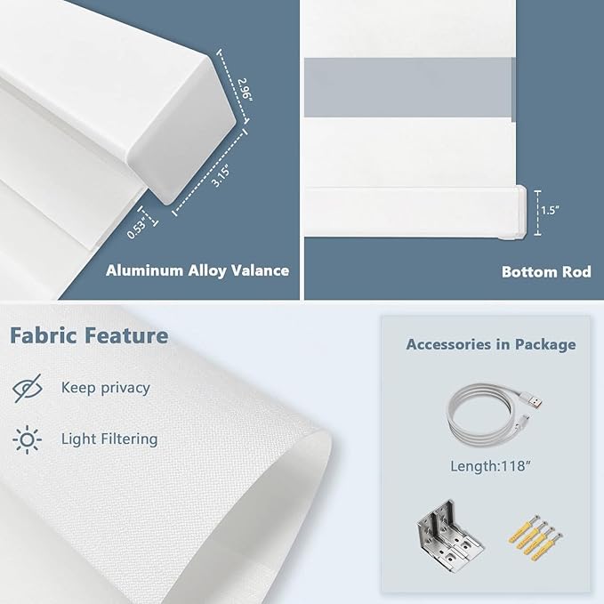 Motorized Zebra Blinds for Windows Cordless Electric Curtains with Remote Control Blackout Shades Custom Smart Blinds Compatible with Alexa Google Home(Febric)