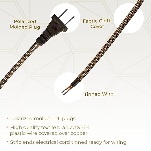 Royal Designs, Inc. Lamp Cord Molded Plug with Dimmer Switch, Stripped Ends Ready for Wiring, 8 ft Long, Brown/Gold, SPT-1 UL Listed (CO-5001D-BR/GL-8-1)
