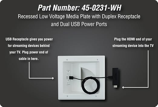 DATA COMM Electronics 45-0231-WH USB Recessed Media Outlet Box, In-Wall Cable Management, Duplex Receptacle,4.0 Amp Dual USB Ports, Large Cable Pass-Through, Design for Thin Mounts & TV, White