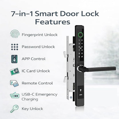 Smart Door Lock with Handle - Keyless Entry Fingerprint & Touchscreen Keypad - App Control, Alexa & Google Home Compatible - Waterproof Sliding Door Patio, Wood, Aluminum Slim Door - DIY Black