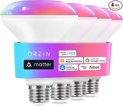 OREiN Matter BR30 Smart Light Bulbs Compatible with Alexa, Apple Home, Google Home, SmartThings, 60W Smart Bulbs 2.4Ghz WiFi only, 650 Lumens RGBTW Color Changing Led Light Bulbs, 4 Pack