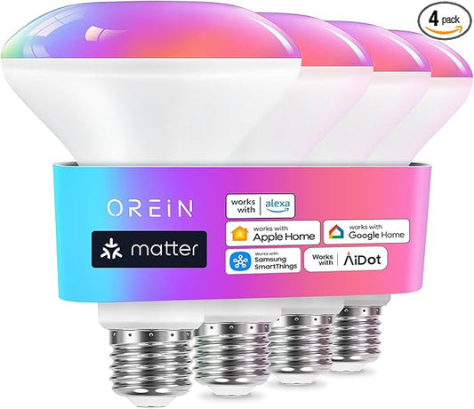 OREiN Matter BR30 Smart Light Bulbs Compatible with Alexa, Apple Home, Google Home, SmartThings, 60W Smart Bulbs 2.4Ghz WiFi only, 650 Lumens RGBTW Color Changing Led Light Bulbs, 4 Pack