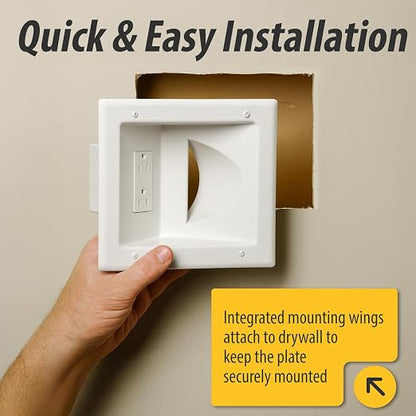 DATA COMM Electronic 45-0031-WH Recessed Low Voltage Media Wall Plate w/ Built-In Duplex Receptacle Outlet, Cable Management - Elevate Your Home Entertainment w/ Stylish White Panel
