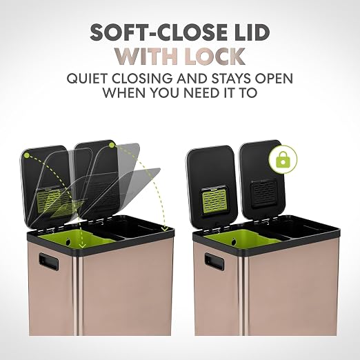 SIMPLI-Magic 60L / 16 Gallon Dual Compartment Kitchen Trash Can - Hands-Free Step Pedal, Soft-Close Lid, Stainless Steel Recycling Bin with Odor Control (30L + 30L)