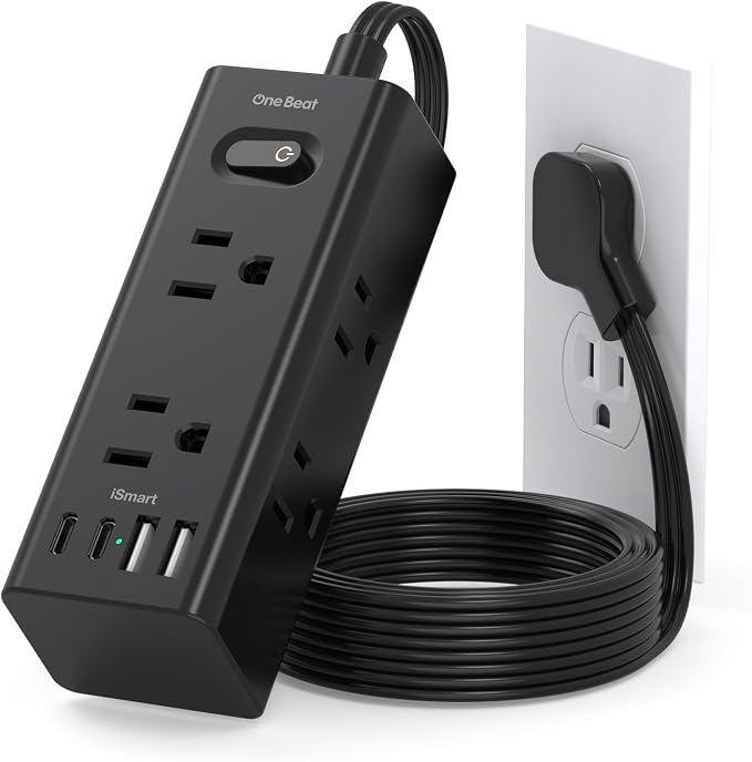 5Ft Extension Cord with Multiple Outlets, Flat Plug Power Strip Surge Protector with 5 Ft Long Cord, 6 Outlet 4 USB Ports (2 USB C), Multi Outlet Wall Plug for College, Dorm Room Essentials(Black)