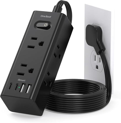 5Ft Extension Cord with Multiple Outlets, Flat Plug Power Strip Surge Protector with 5 Ft Long Cord, 6 Outlet 4 USB Ports (2 USB C), Multi Outlet Wall Plug for College, Dorm Room Essentials(Black)