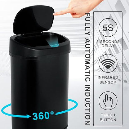 HCY Kitchen Trash Can 13 Gallon Automatic Metal Garbage Can Stainless Steel Waste Bin with Lid Smart for Kitchen,Office,Living Room,Bathroom(Black)