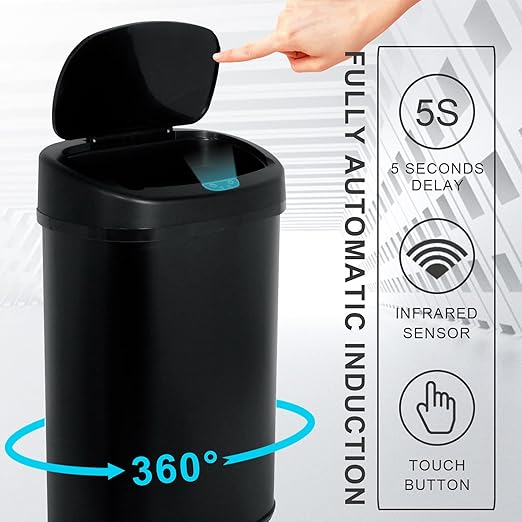 HCY Kitchen Trash Can 13 Gallon Automatic Metal Garbage Can Stainless Steel Waste Bin with Lid Smart for Kitchen,Office,Living Room,Bathroom(Black)