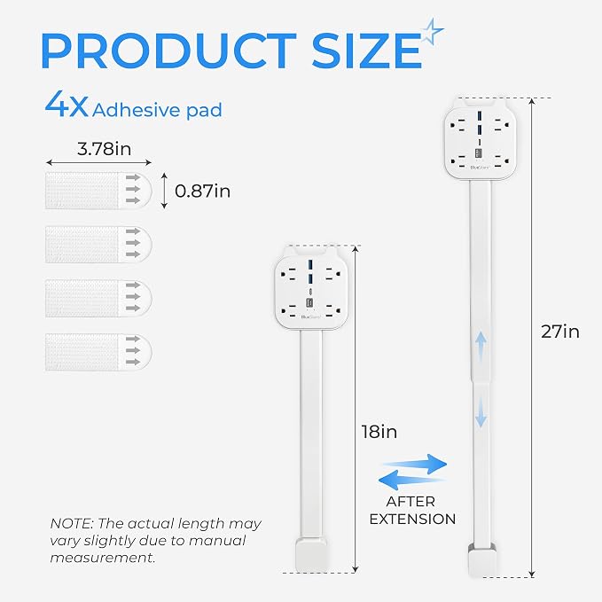 Electrical Outlet Extender Stick, 360° Rotating Wall Outlet Expander with 4 AC Outlets, USB-C PD 20W Fast Charging, 2 USB-A & 2 USB-C Ports, 18"-27" Adjustable Power Strip for Hard-to-Reach Outlets