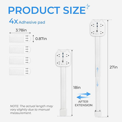 Electrical Outlet Extender Stick, 360° Rotating Wall Outlet Expander with 4 AC Outlets, USB-C PD 20W Fast Charging, 2 USB-A & 2 USB-C Ports, 18"-27" Adjustable Power Strip for Hard-to-Reach Outlets
