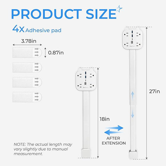Electrical Outlet Extender Stick, 360° Rotating Wall Outlet Expander with 4 AC Outlets, USB-C PD 20W Fast Charging, 2 USB-A & 2 USB-C Ports, 18"-27" Adjustable Power Strip for Hard-to-Reach Outlets
