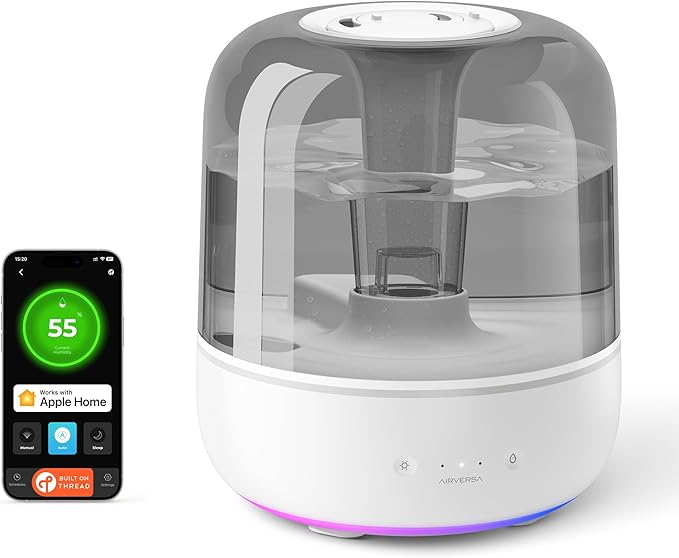Airversa Humidifiers for Home Bedroom Large Room Smart Works with Apple Home over Thread 5.5L Cool Mist for Indoor Use App/Voice Control, Dazzling Lighting Effects (Pebble Grey, Humelle AH1)