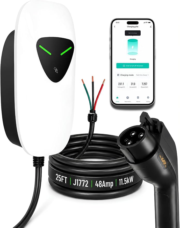 48A Level 2 EV Charger Station Hardwired, J1772 240V 11.5kW WiFi App 25ft | Garage Home Driveway EV Charger,2.4GHz Smart Control,RFID Access,Indoor Outdoor Installation,UL ETL FCC Certified,Overheat