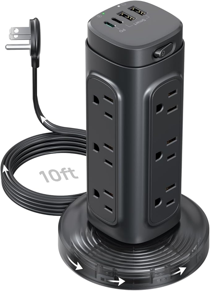 TROND Semi-Retractable Power Strip Tower - Flat Plug Surge Protector Power Strip with USB C PD 20W, 10ft Extension Cord with Multiple Outlets, 1700 Joules, Home Office Dorm Room Essentials, Black