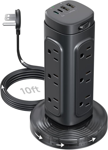 TROND Semi-Retractable Power Strip Tower - Flat Plug Surge Protector Power Strip with USB C PD 20W, 10ft Extension Cord with Multiple Outlets, 1700 Joules, Home Office Dorm Room Essentials, Black