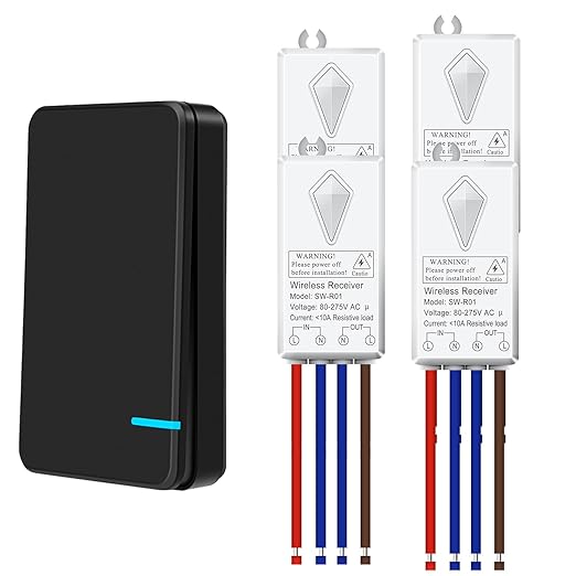 NineLeaf Wireless Switch and Receiver Kit, Black Wireless Light Mini Switch,No Wiring, No WiFi, Remote Control Lighting Fixture for Led Light, Ceiling Lights, Lamps,1000W LED(1Switch 4Receivers)