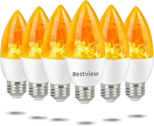 Bestview Flickering Light Bulbs,3 Modes Led Flame Effect Light Bulbs, Smart E26/E27 Chandelier Base Candle Fire Light Bulb for Halloween, Christmas,Party, Porch, Indoor&Outdoor Home Decoration-6 Pack