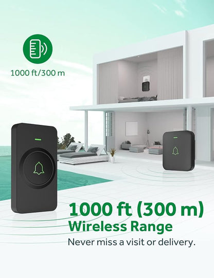 AVANTEK Wireless Doorbell, 1000 ft Range, 1 Button + 2 Receivers, Black