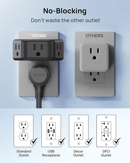 TROND 360 Rotating Plug Outlet Extender for Bathroom Kitchen, 2 Pack | Wall Plug Adapter with 3 Grounded Sockets, No Blocking with 3 Way Angled Design, Small Outlet Splitter for Home Office, Black