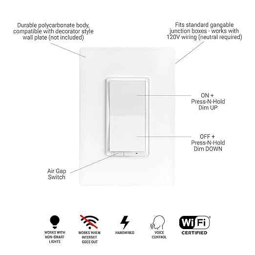 HALO Pure Smart Wi-Fi Dimmer Switch for Traditional Non Smart Dimmable Lights, 120V Hardwired Single Pole 3-Way Compatible with Alexa Google Assistant Voice Control - SWW-DIM-WH