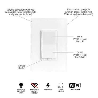 HALO Pure Smart Wi-Fi Dimmer Switch for Traditional Non Smart Dimmable Lights, 120V Hardwired Single Pole 3-Way Compatible with Alexa Google Assistant Voice Control - SWW-DIM-WH