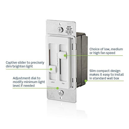 Leviton SureSlide Ceiling Fan Control and Dimmer Switch for LED, Halogen and Incandescent Bulbs, 66DF-10W, White