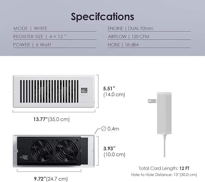 BIOWIND Quiet Register Booster Fan Fits 4" x 12" Register Holes, 10-Speed Smart Heating Cooling AC Vent Fan with Remote Control and Thermostat Control - White