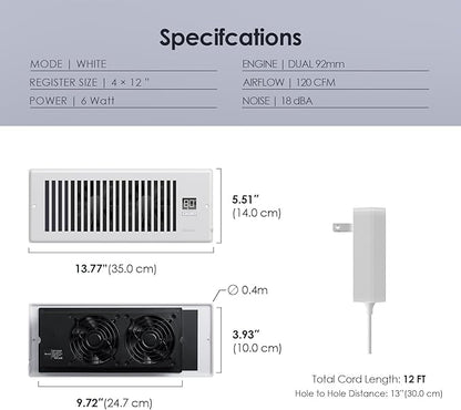 BIOWIND Quiet Register Booster Fan Fits 4" x 12" Register Holes, 10-Speed Smart Heating Cooling AC Vent Fan with Remote Control and Thermostat Control - White