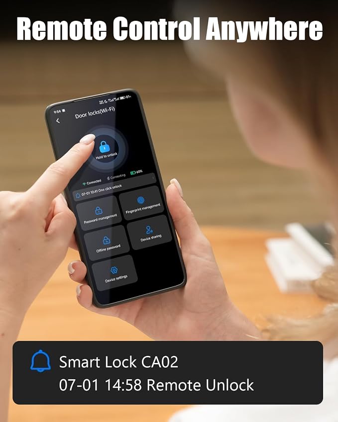 Keyless Entry Smart Door Lock with Code Electronic Fingerprint Keypad Deadbolt Lock for Front Door, Built-in WiFi, App Remote Control, Alexa & Google Voice Control, IP54, 10 Months Battery, Auto Lock