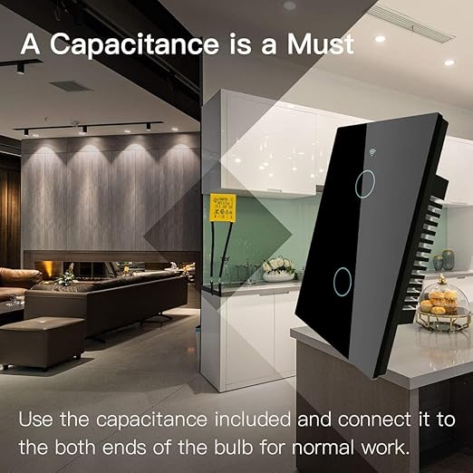 MoesGo 2nd Generation WiFi RF433 Smart Touch Wall Single Fire Smart Switch,No Neutral Wire Needed Compatible with Smart Life/Tuya App, Works with Alexa and Google Home Single Pole 110V Black 2 Gang