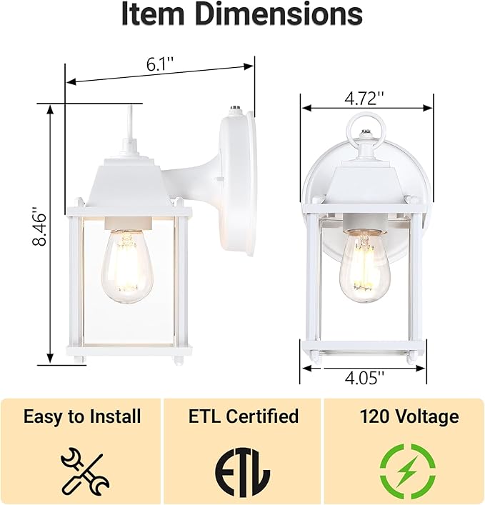 LIT-PaTH Dusk to Dawn Outdoor Wall Lantern, Wall Sconce, Waterproof Proch Light Fixture E26 Base, Aluminum Housing Glass Shade, Outdoor Rated, 2-Pack, White